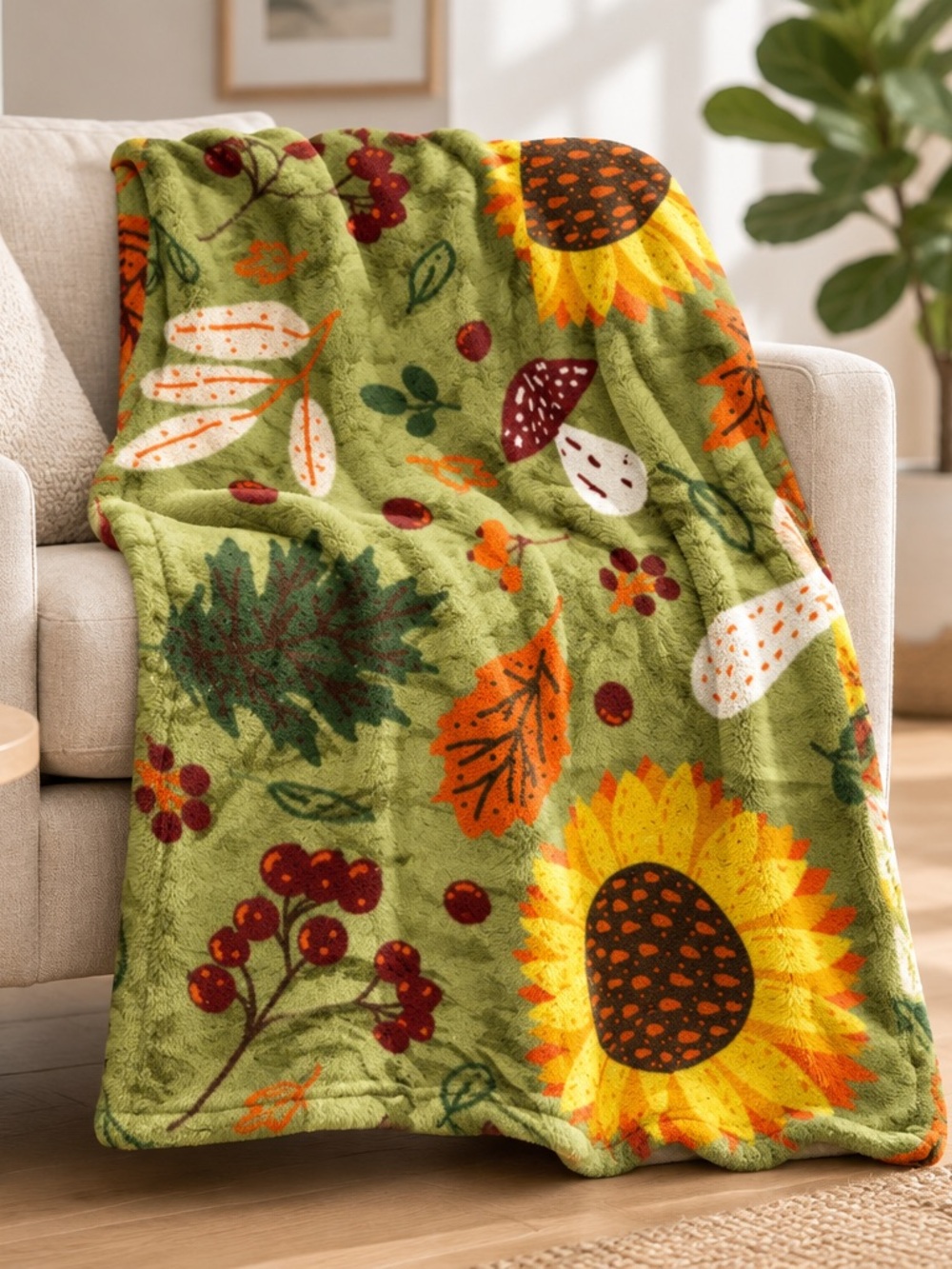 Sunflower & Autumn Leaves Plush Throw Blanket - Green & Yellow 50 x 60